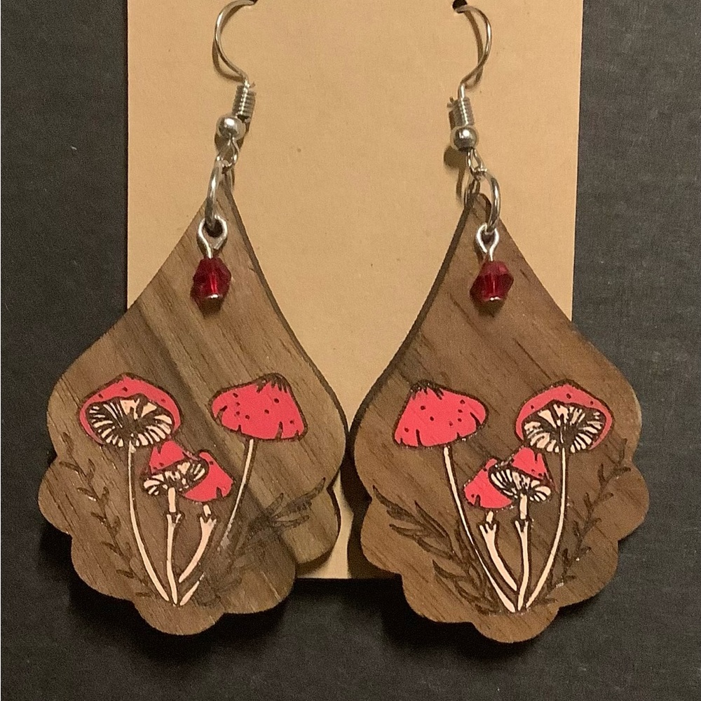Hand Crafted Wooden Mushroom Earrings